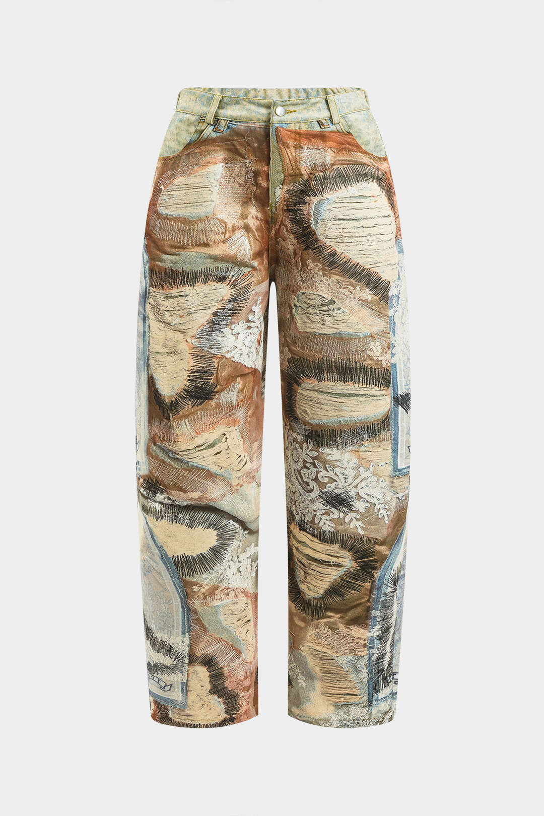 Abstracte print pantalon met knoopjes en zakken