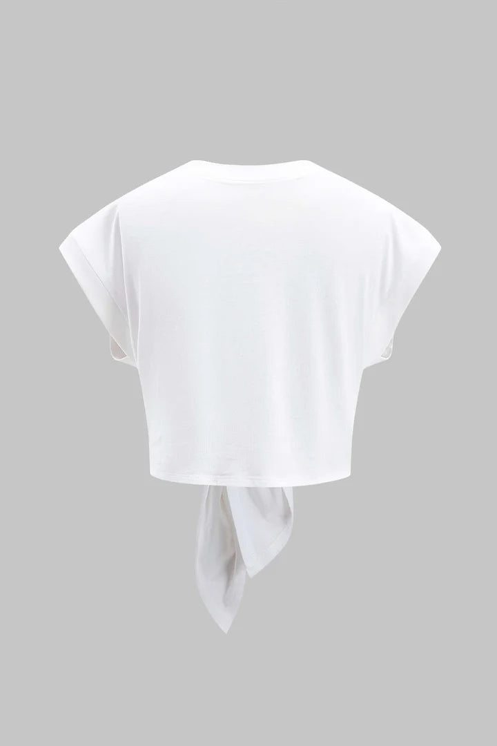 Plain T-shirt with pleats and a bow on the front