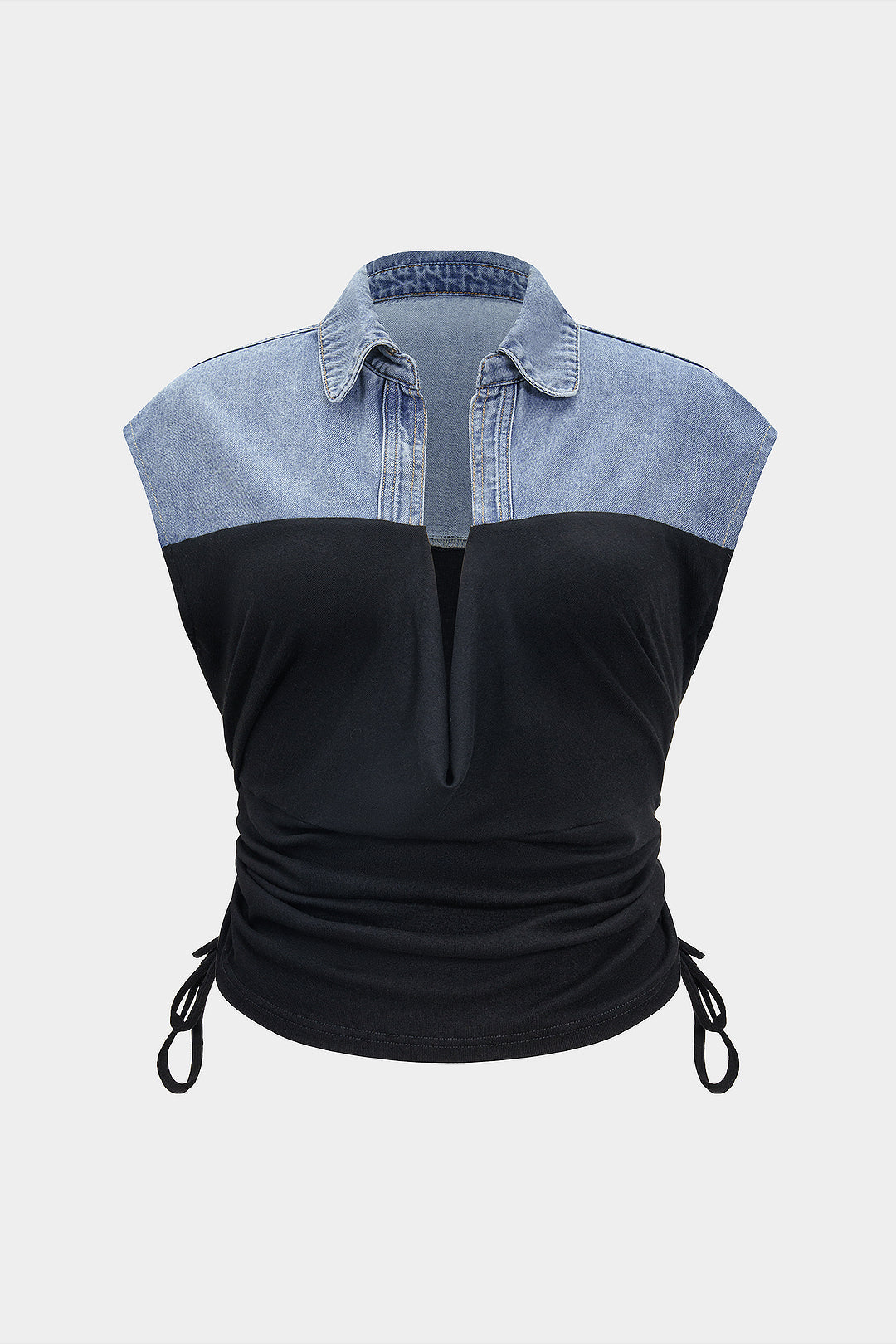 Daphne - Denim patchwork croptop met trekkoord