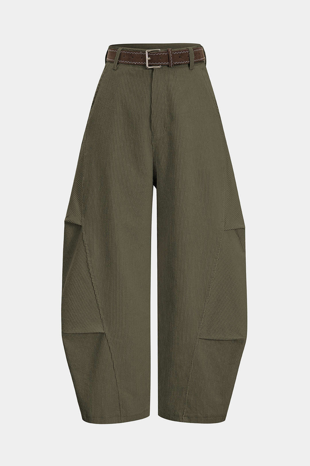 Ribfluwelen broek met riem, ruches en hoge taille