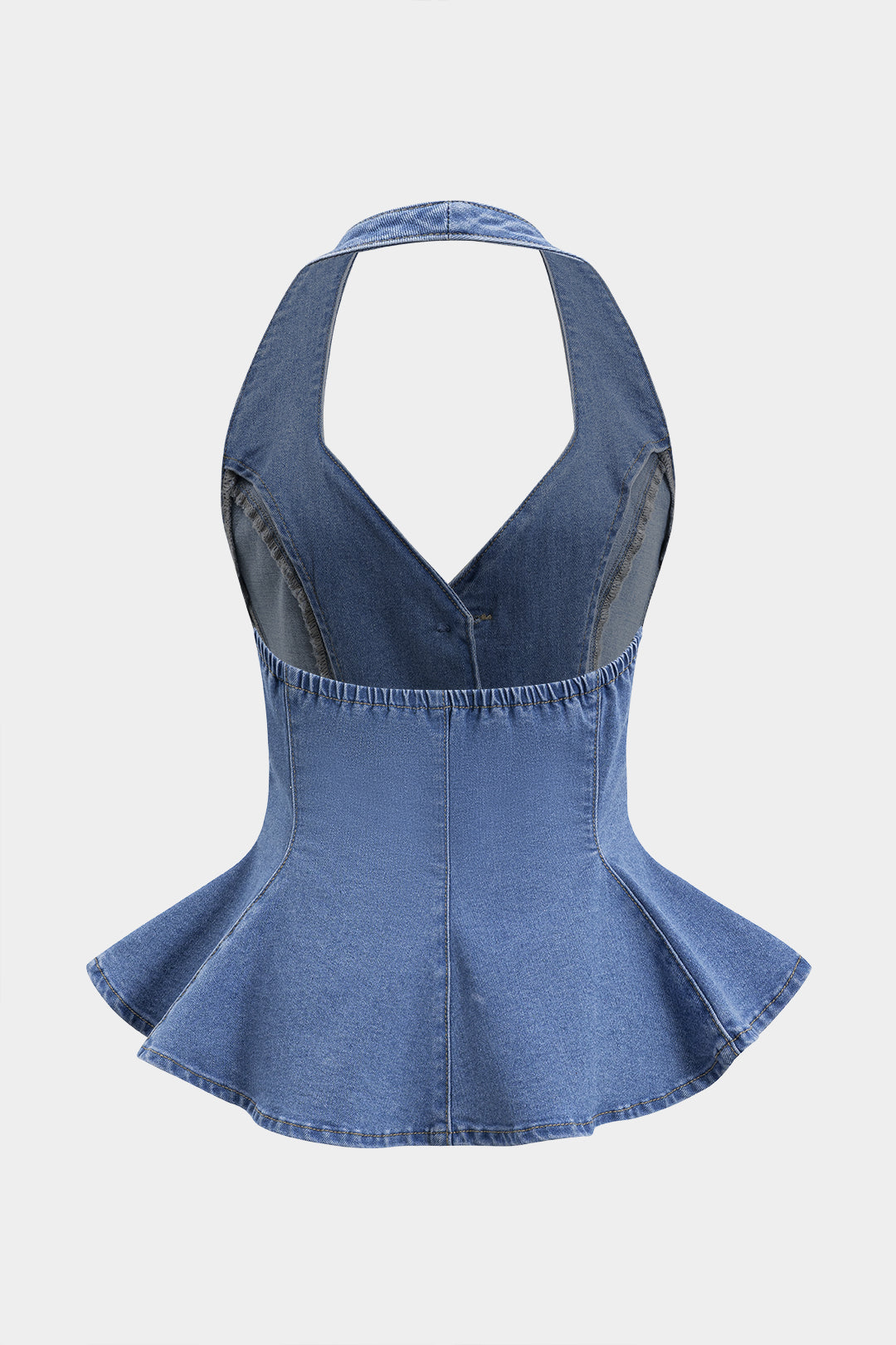 Denim croptop met ruches, knoopjes en open rug