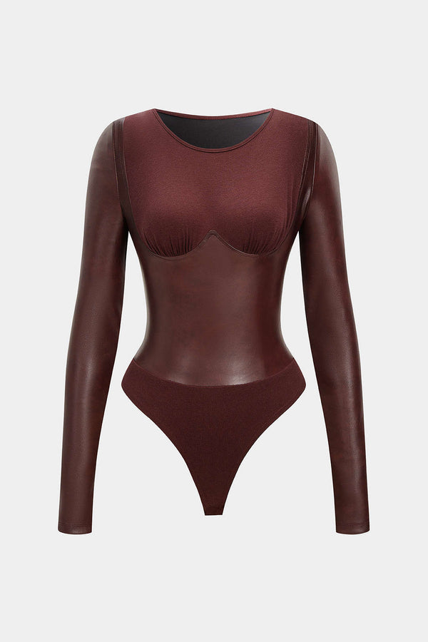 Jolie - Leren-look patchwork body met ronde hals en lange mouwen