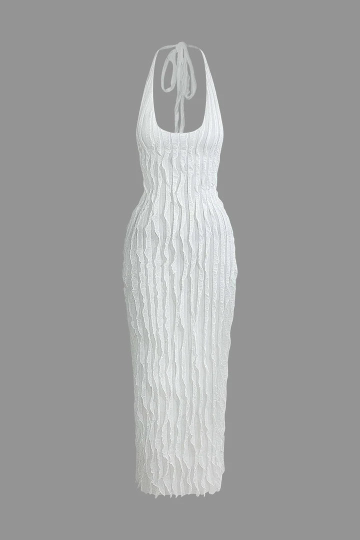 Maxi dress with sheer ruffles, halter neck and open back