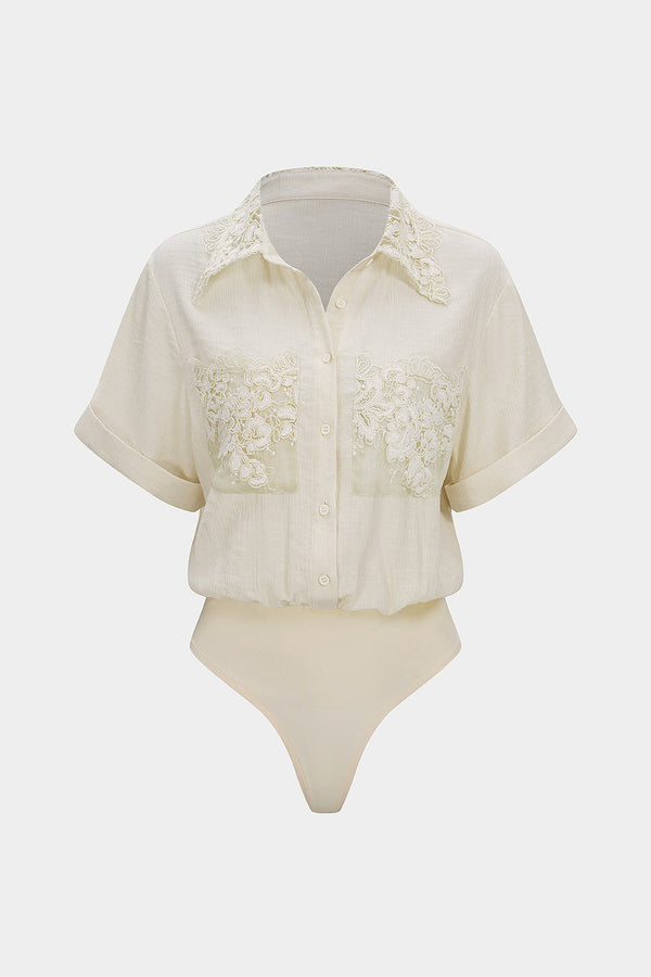 Patchwork jacquard body met revers, korte mouwen en zakken