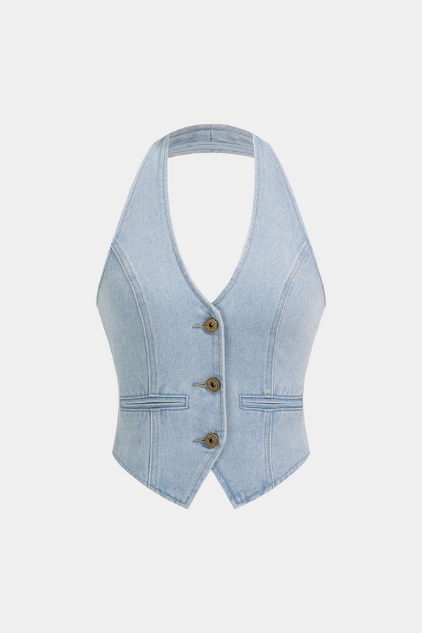 Denim metallic gilet met halternek