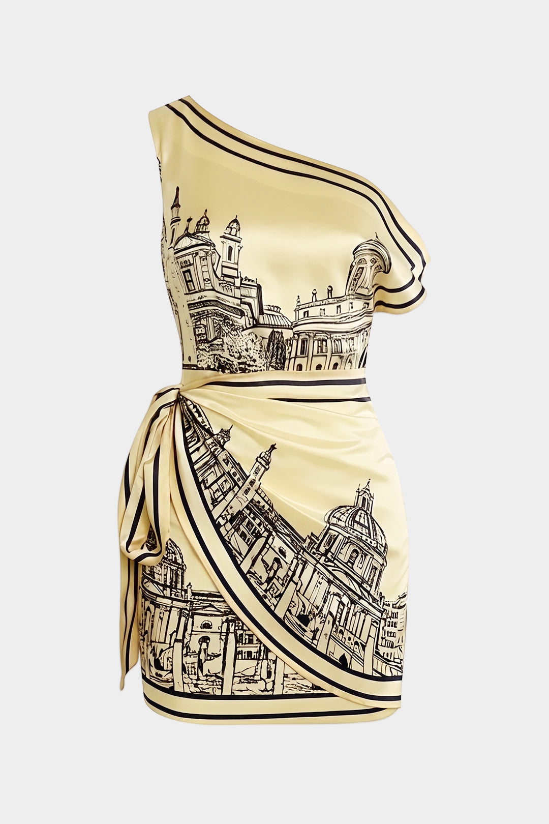 Satijnen asymmetrische midijurk met één schouder en strik