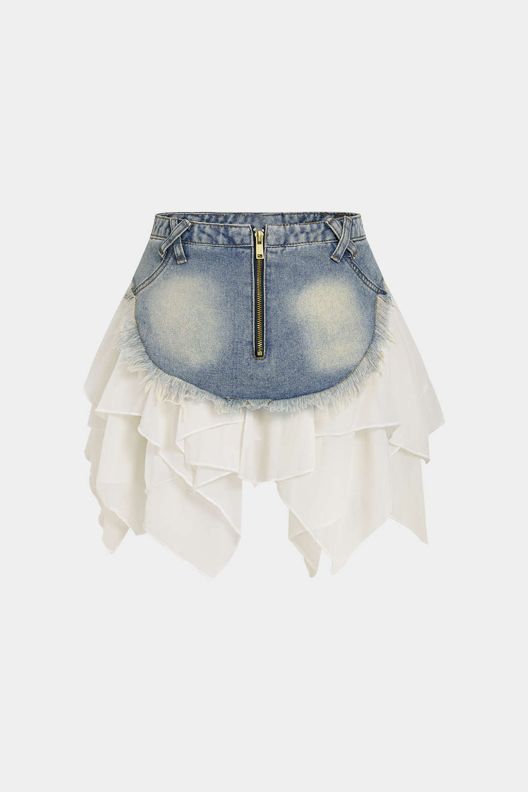 Denim patchwork rok met asymmetrische zoom en rafelrand