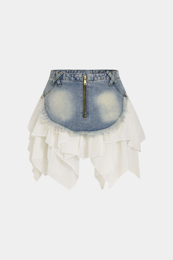 Denim patchwork rok met asymmetrische zoom en rafelrand