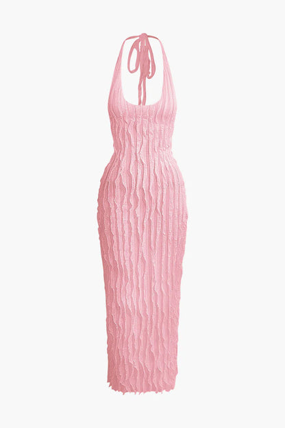 Maxi-jurk met transparante ruches, halterhals en open rug