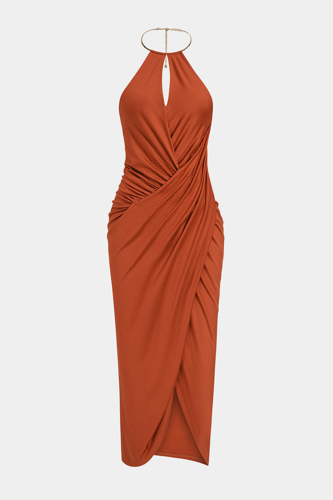 Metallic mouwloze maxijurk met halternek, V-hals en ruches