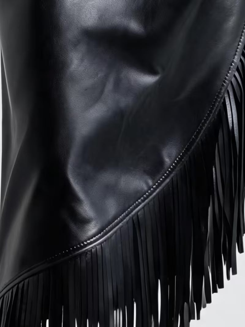 Vintage asymmetrical PU skirt with fringes