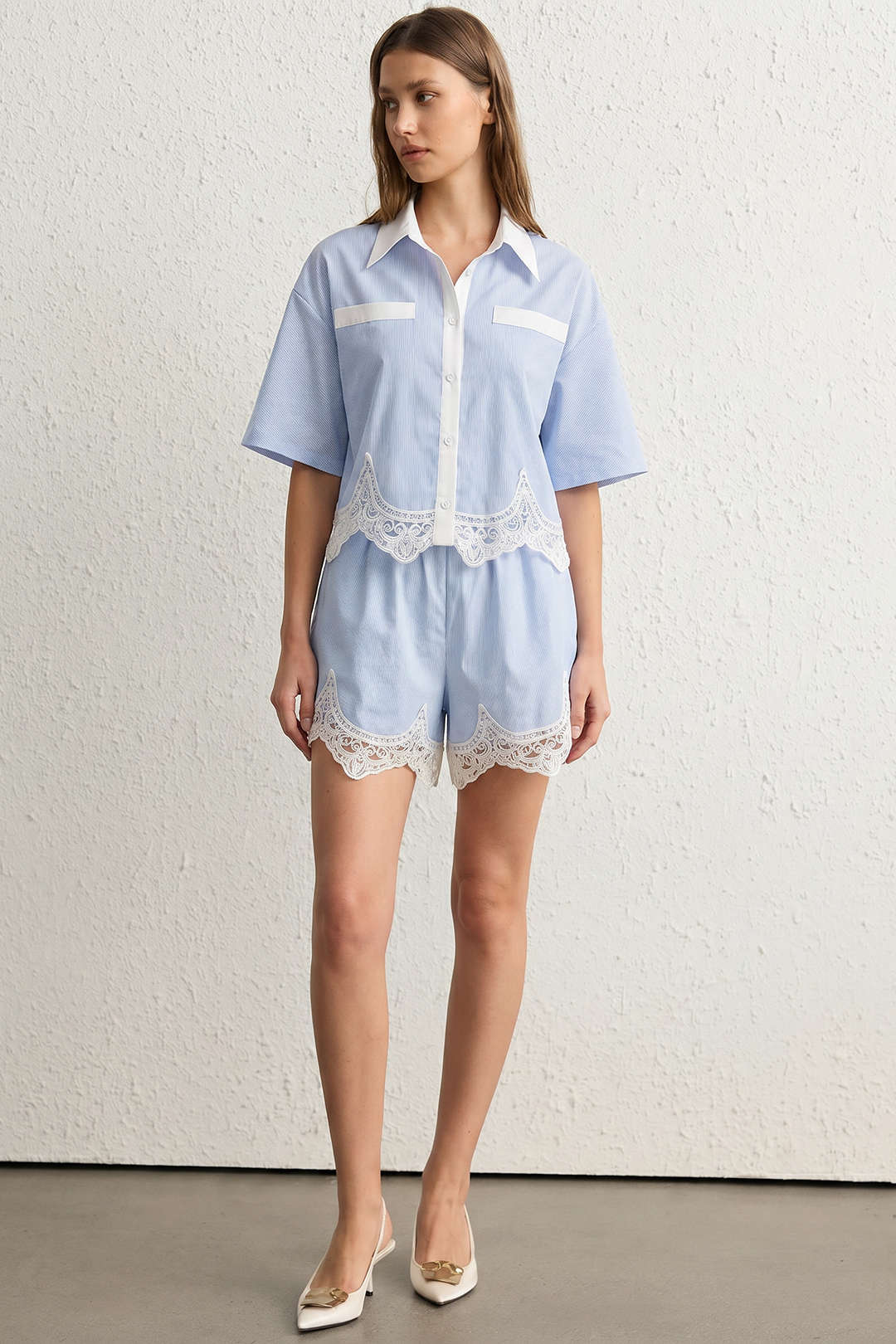 Gestreepte patchwork short met kant