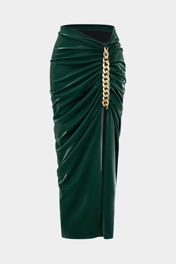 Leren-look metallic rok met kettingdetail en ruches