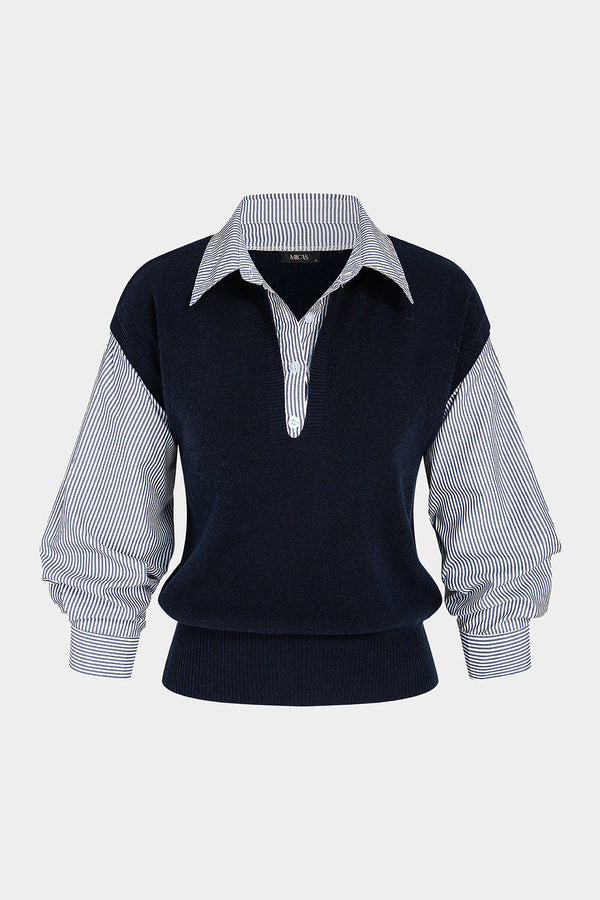 Gebreide patchwork top met revers en lange mouwen