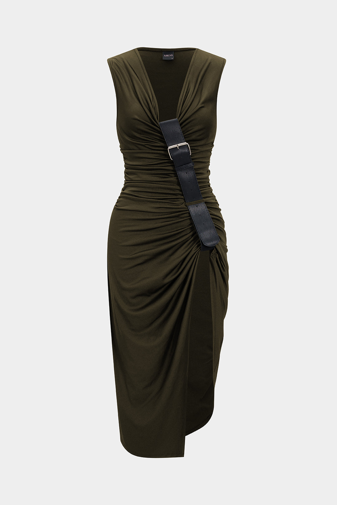 Asymmetrische mouwloze midijurk met ruches, V-hals en split