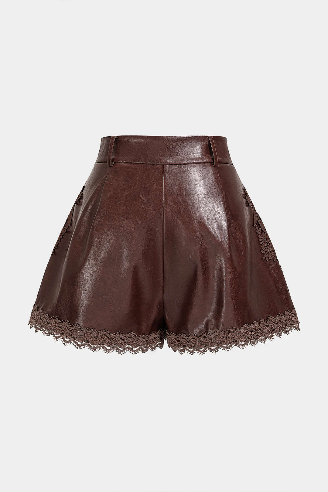 Leren-look patchwork short met kanten rand en hoge taille