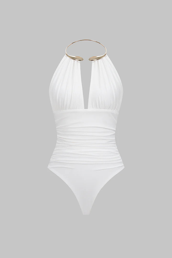 Bodysuit with metallic details, halter neck and open back