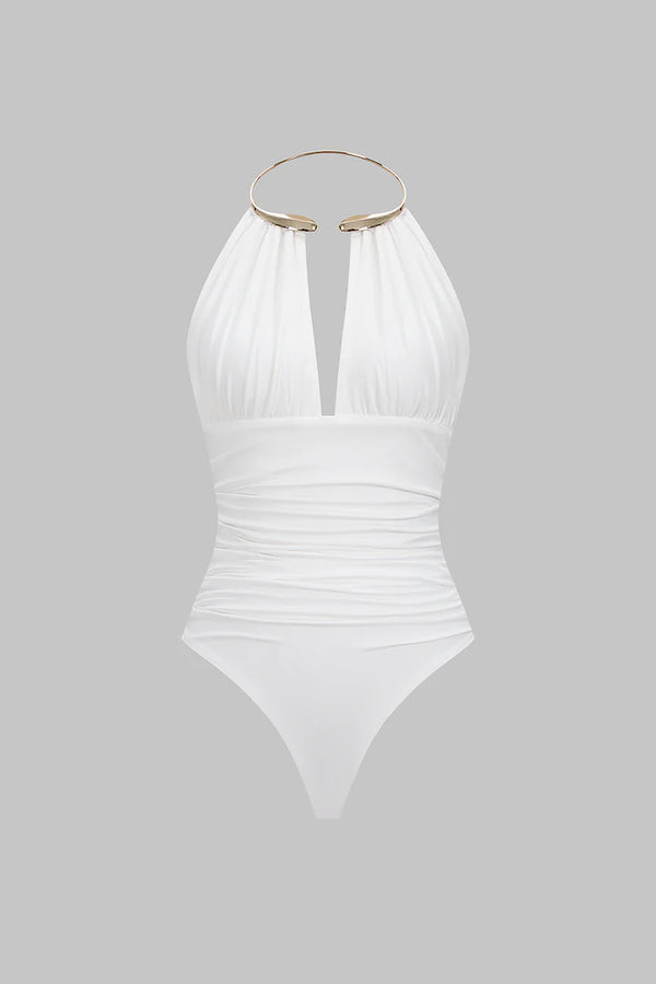 Bodysuit with metallic details, halter neck and open back