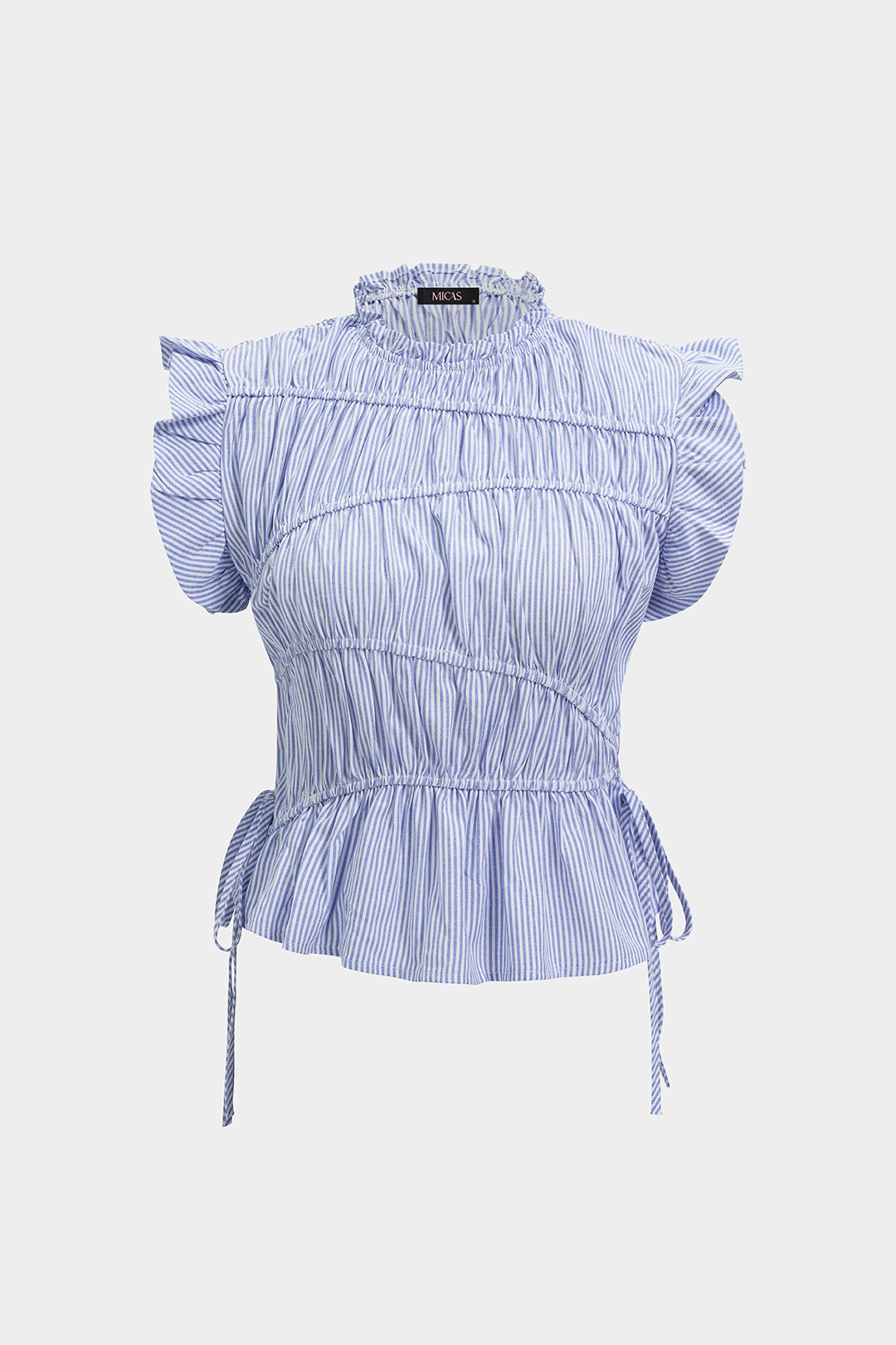 Gestreepte asymmetrische blouse met trekkoord en ruches