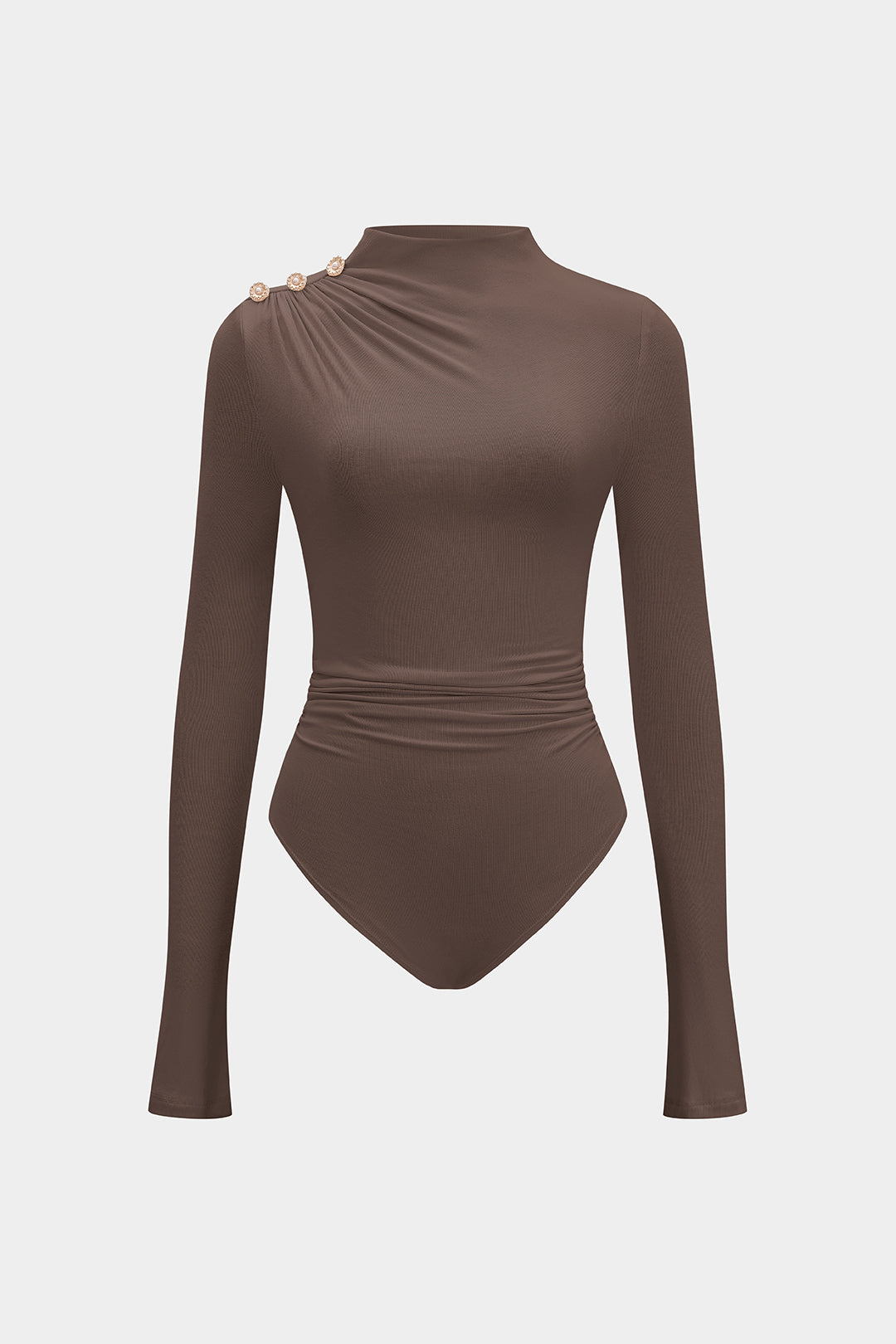 Asymmetrische body met knoopjes, ruches en lange mouwen
