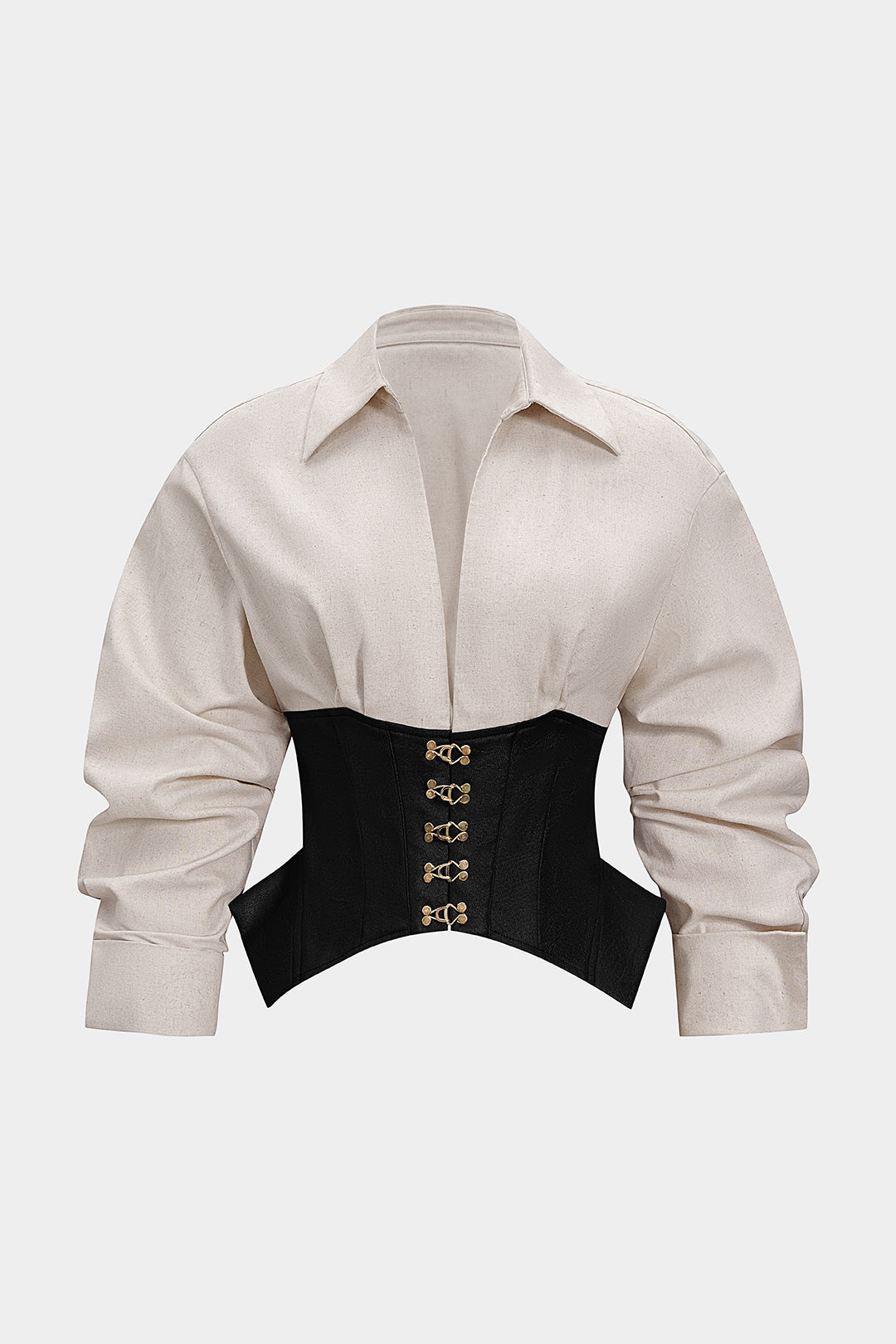 Linnen patchwork blouse met gesp en lange mouwen