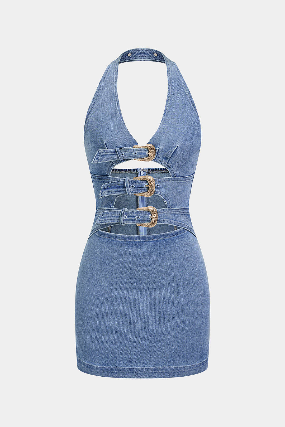 Denim mouwloze jurk met halternek, V-hals en uitsnijding