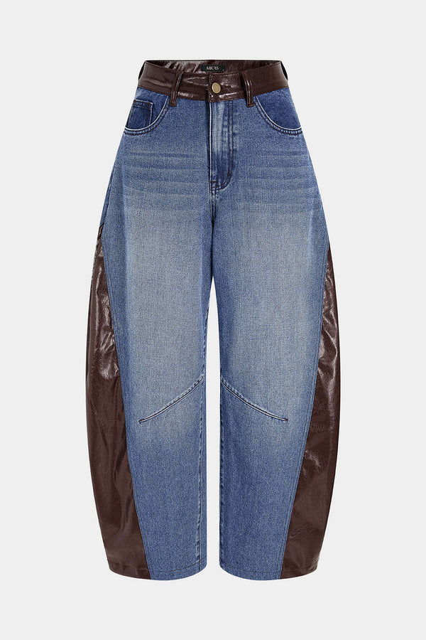 Denim patchwork broek met hoge taille