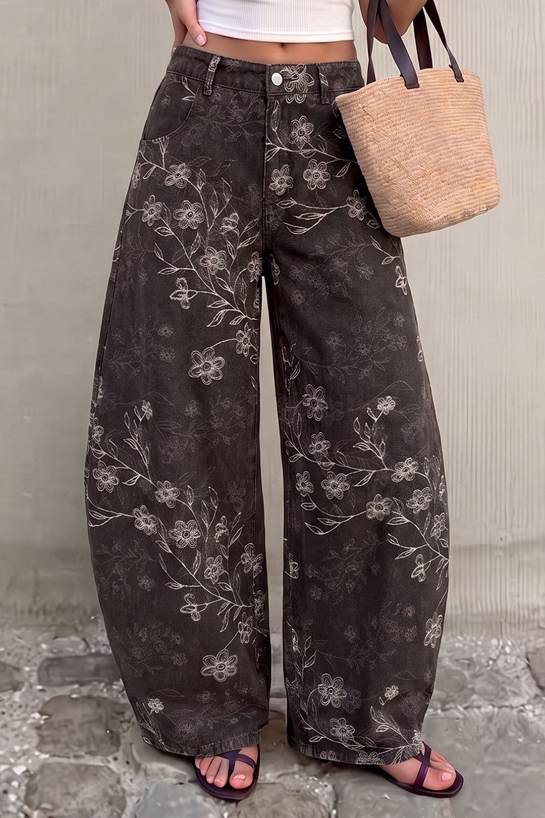 Bloemenprint jeans met zakken en ballonmodel