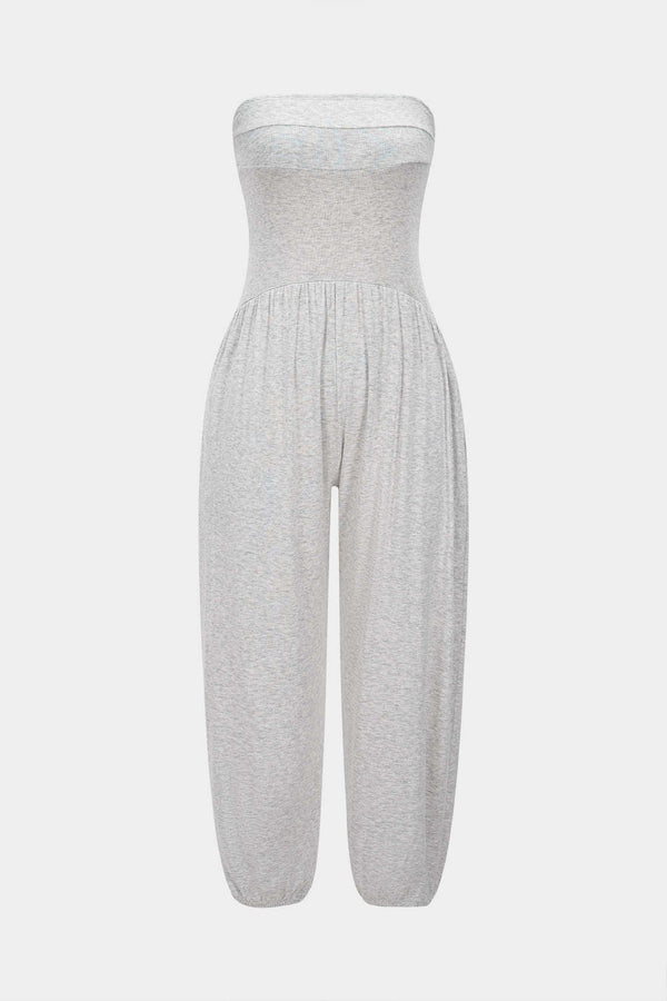 Effen jumpsuit met ruches en strapless pasvorm
