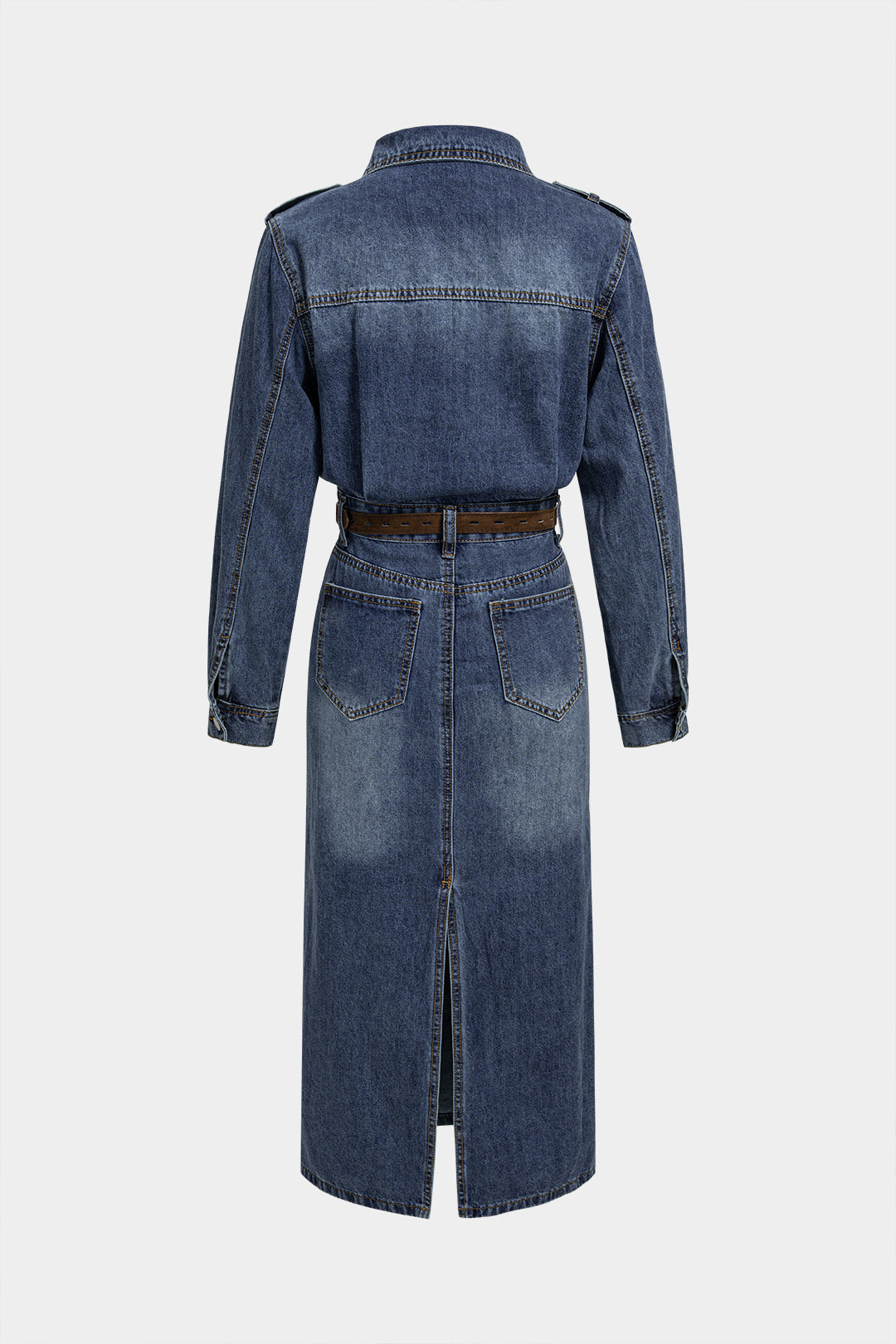 Denim midijurk met riem, zakken en lange mouwen