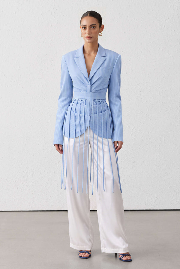 Gestreepte blazer met V-hals, franjes en ruches