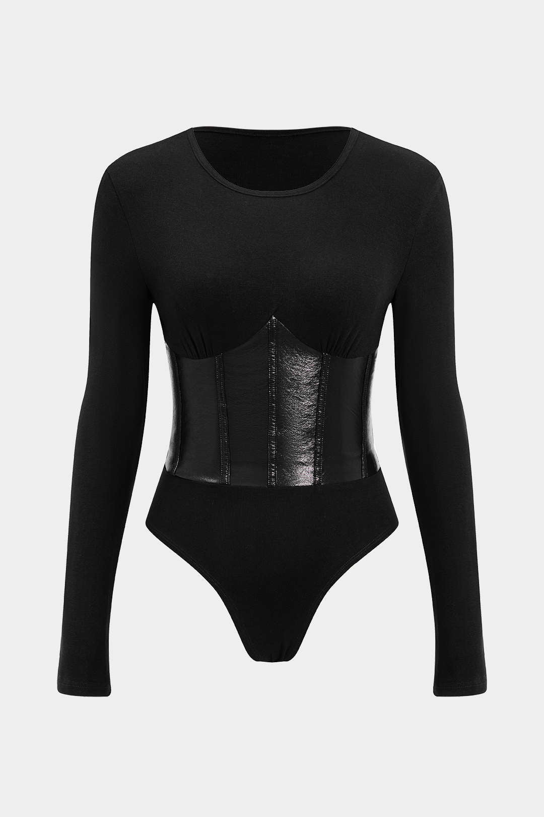 Patchwork leren-look body met lange mouwen