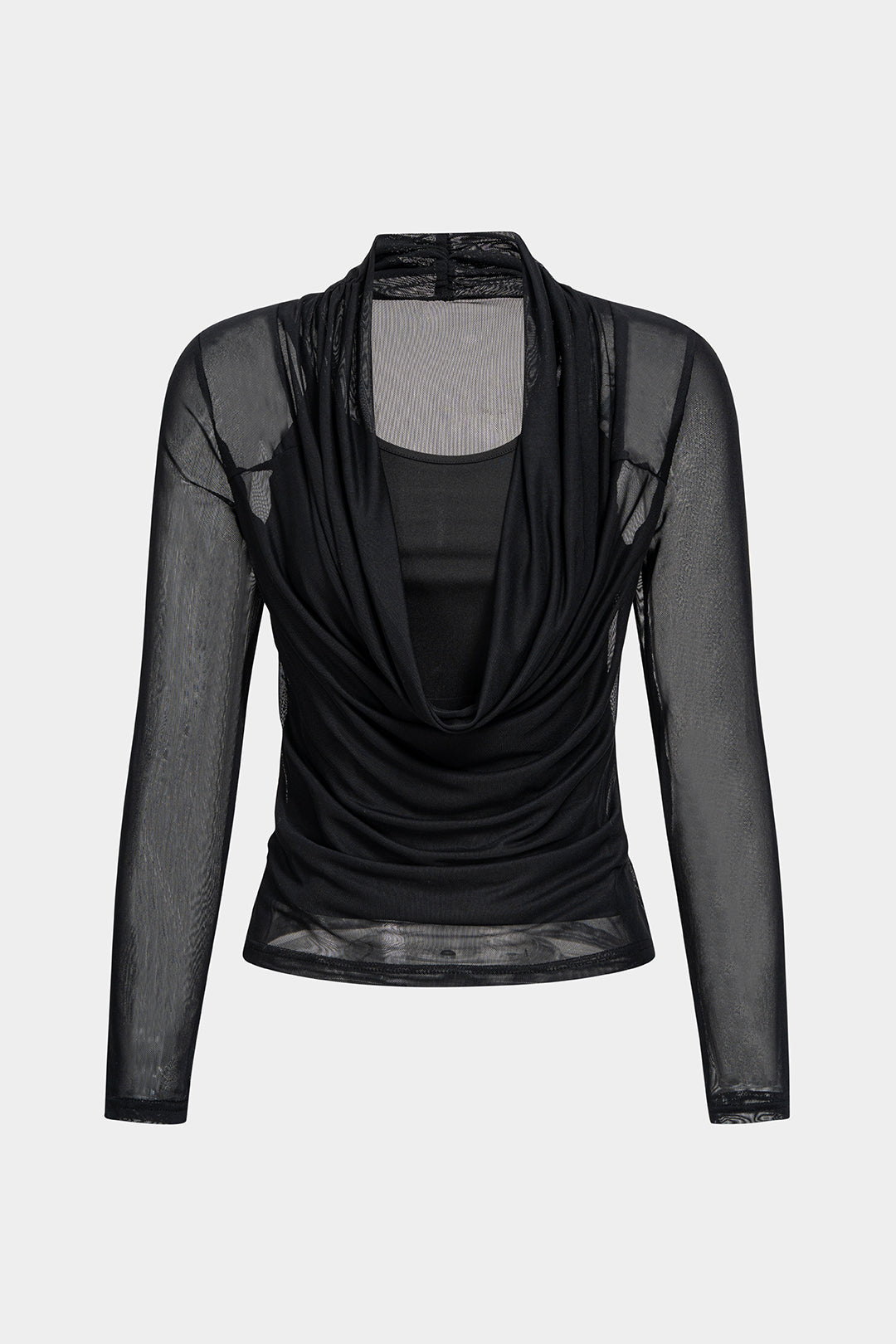 Mesh top met drapering, watervalhals en lange mouwen