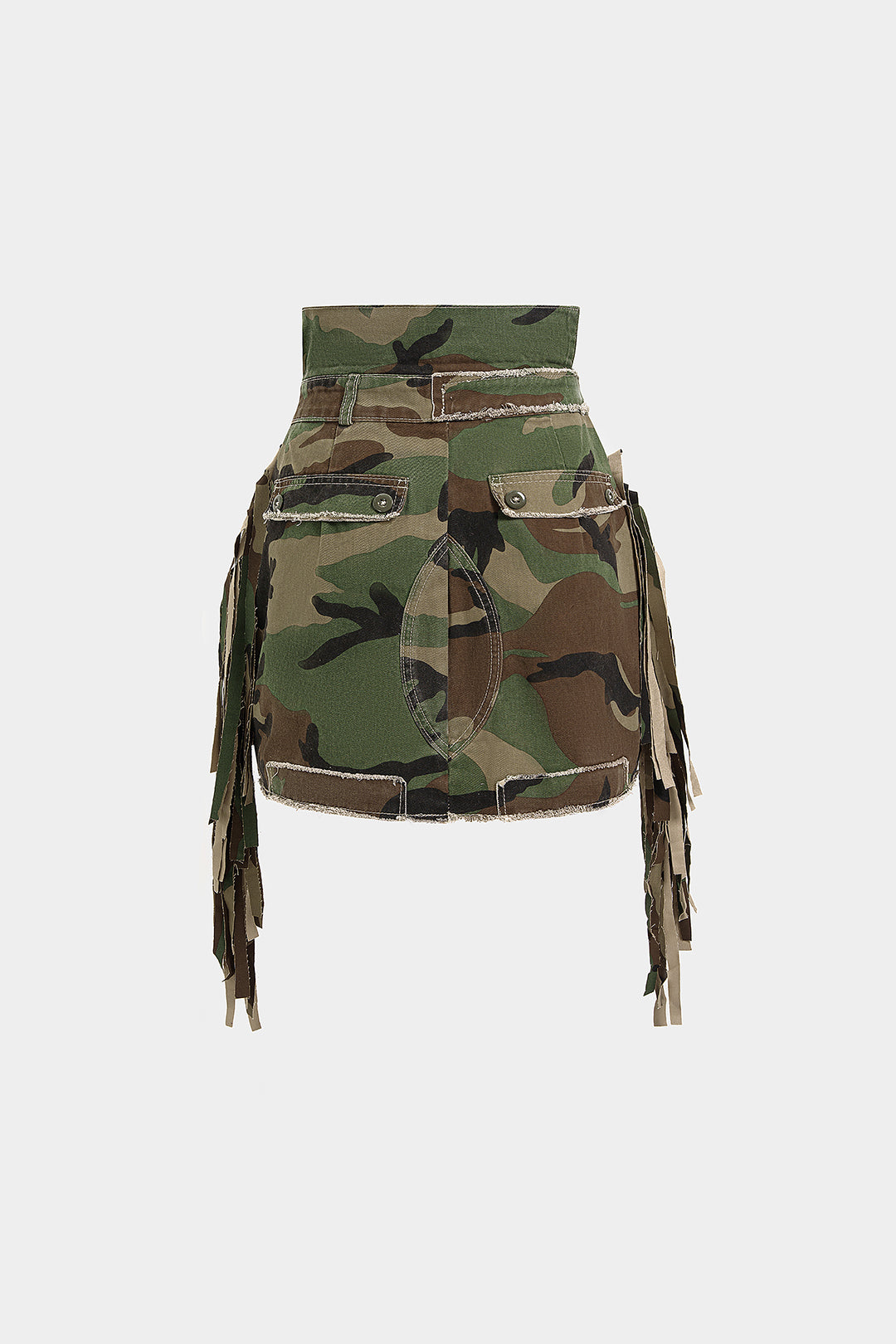 Camouflage patchwork minirok met rafelrand en franjes