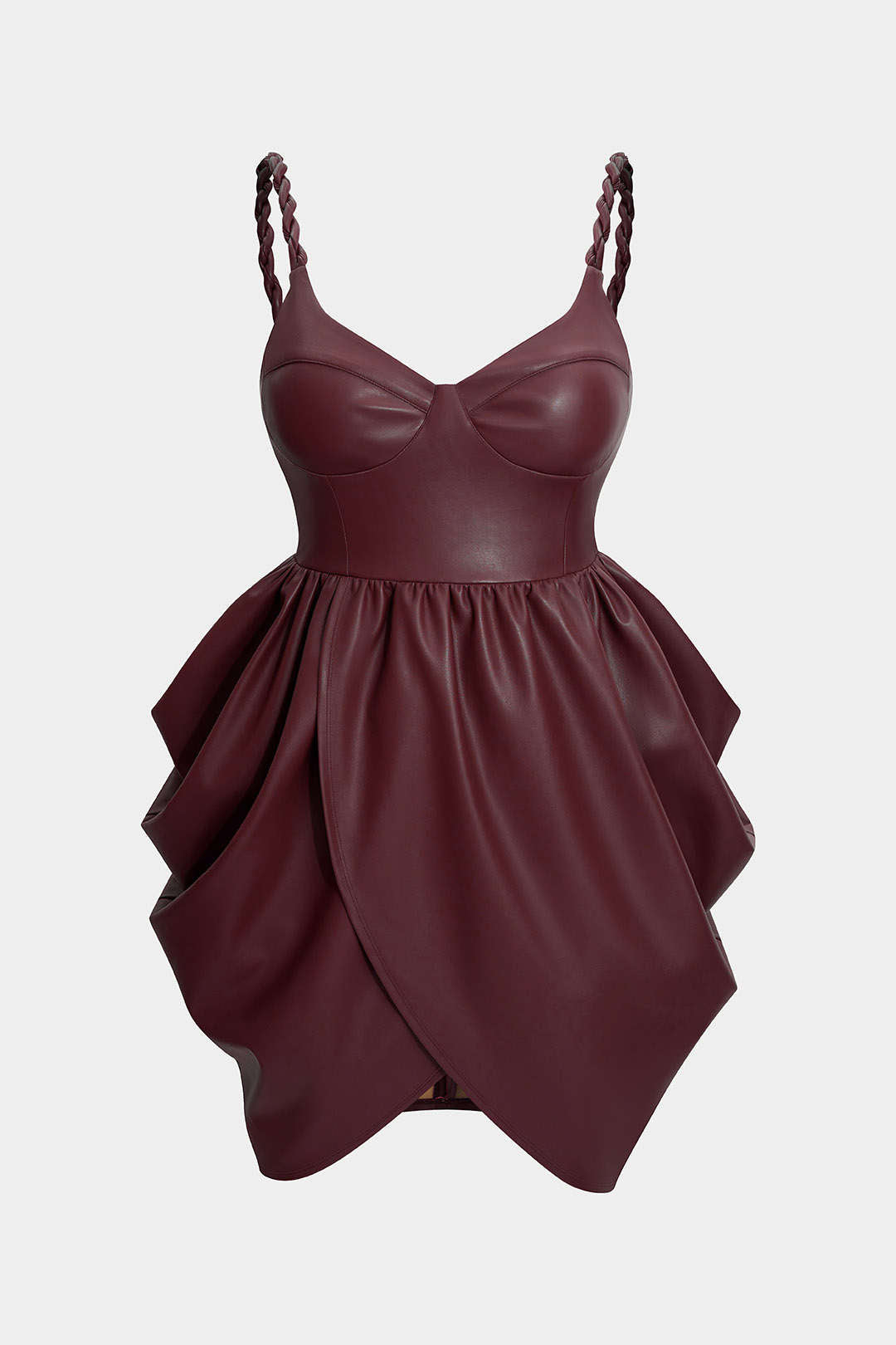 Leren-look mouwloze minijurk met rits en ruches
