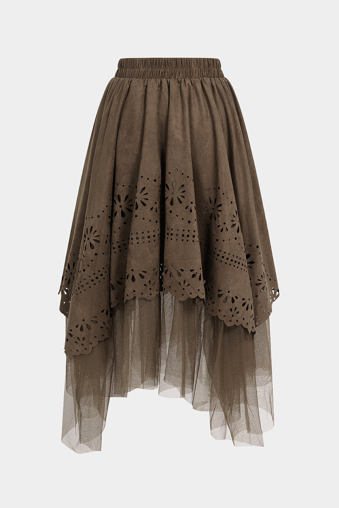 Suède patchwork rok met uitsnijding en ruches