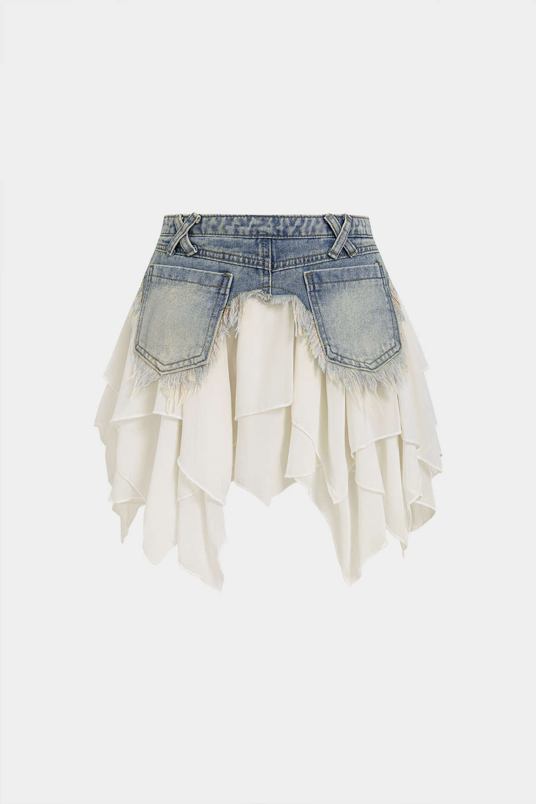 Denim patchwork rok met asymmetrische zoom en rafelrand