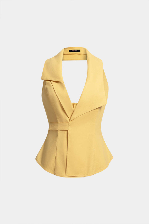 Linnen asymmetrische tanktop met V-hals en knoopdetail