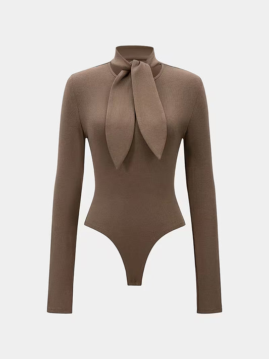Elegant Waffle-Texture Bodysuit with Tie-Neck