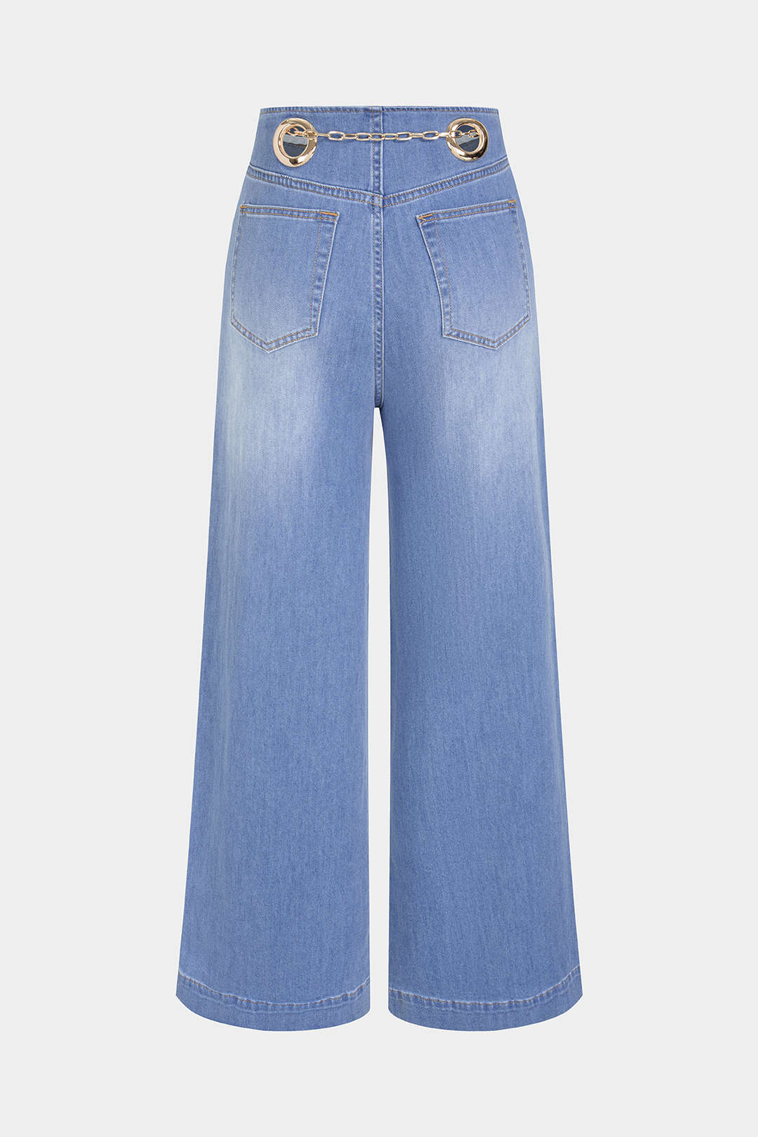 Metallic jeans met kettingdetail en wijde pijpen