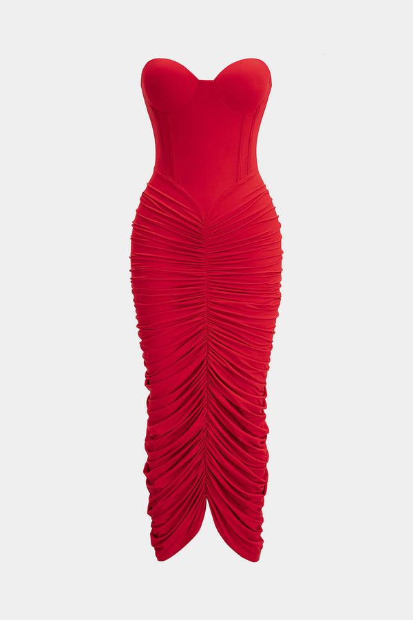 Mouwloze maxijurk met ruches en strapless pasvorm