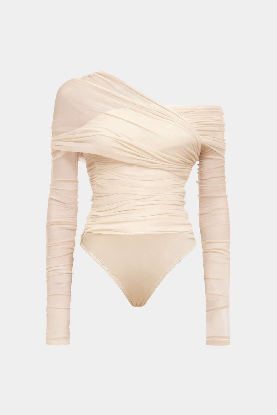 Mesh asymmetrische body met ruches en één schouder