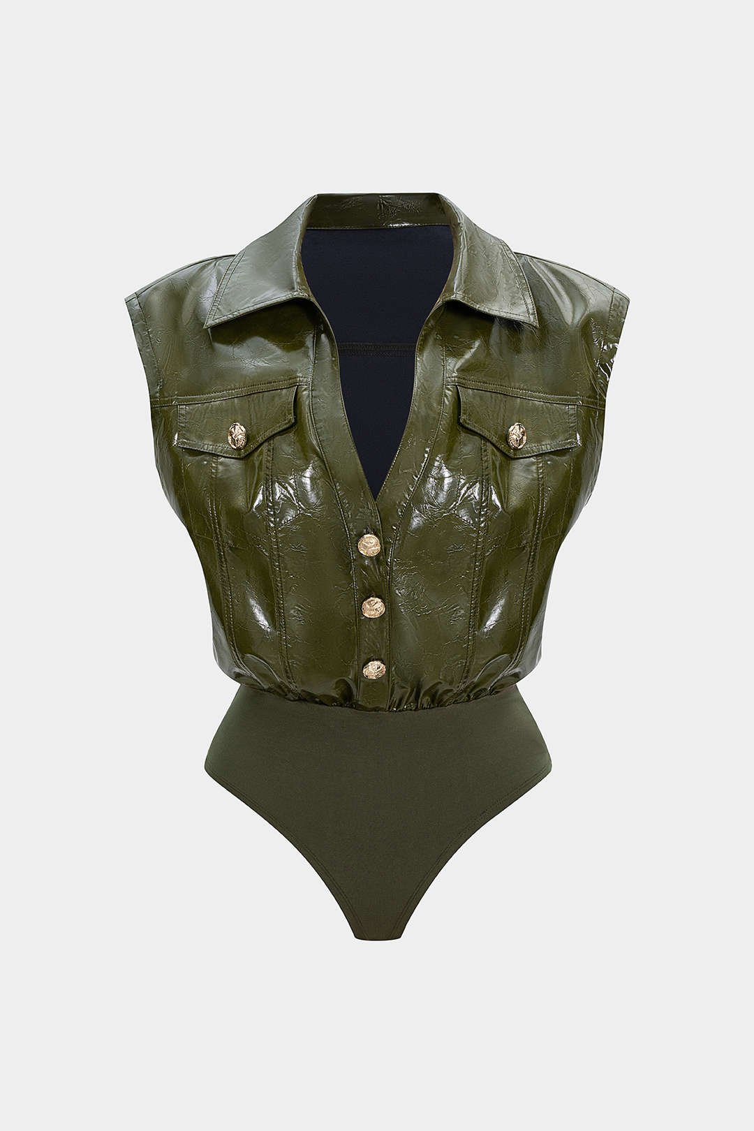 Daphne - Leren-look patchwork body met knoopjes