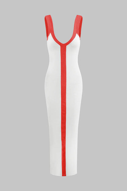 Colorblock V-neck Ribbed Split Maxi Dress