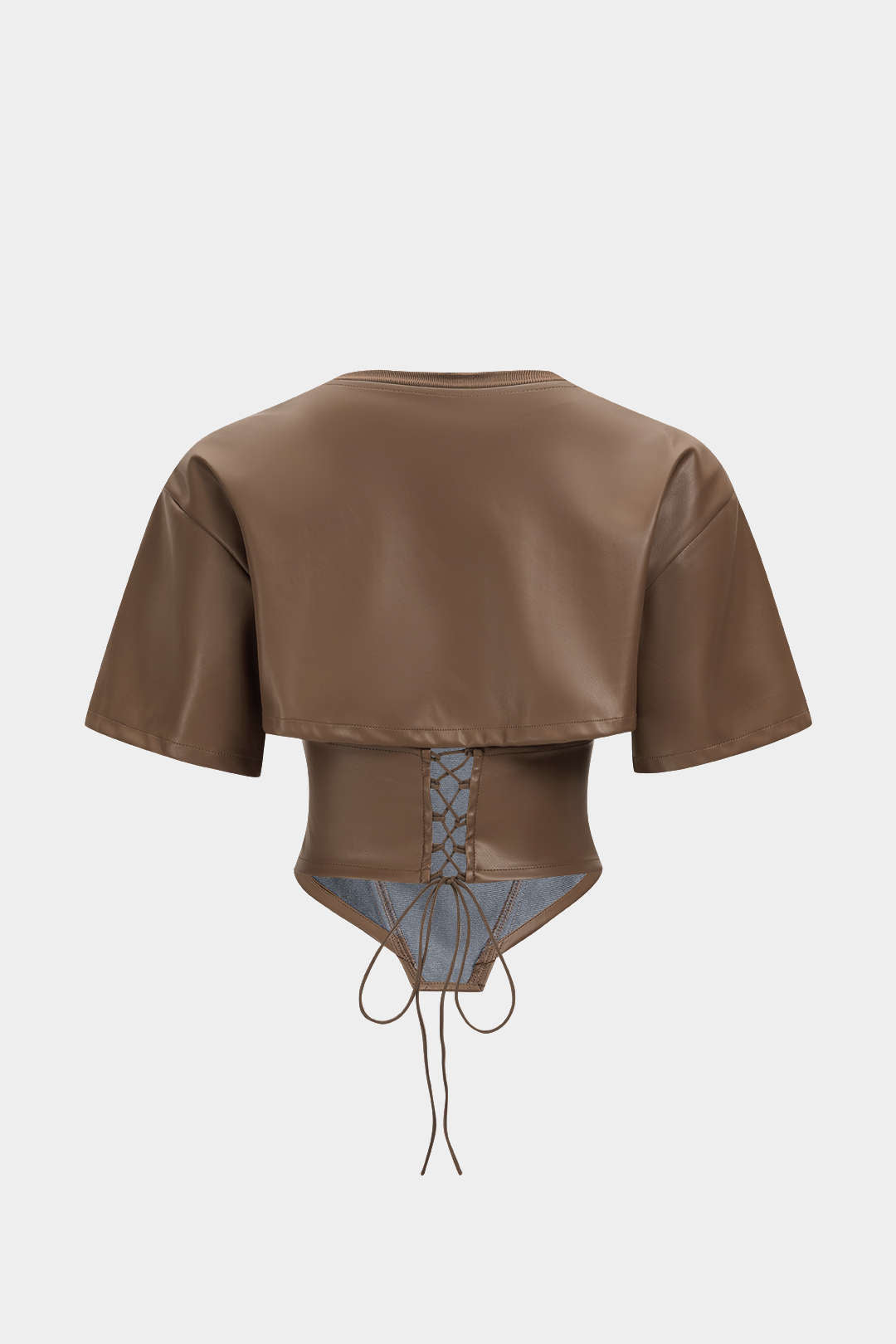 Leren-look patchwork T-shirt met ronde hals en korte mouwen