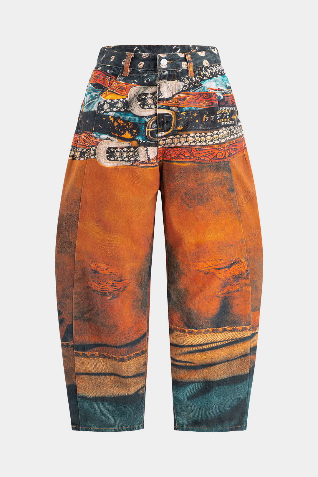Abstracte print denim broek met rits en hoge taille