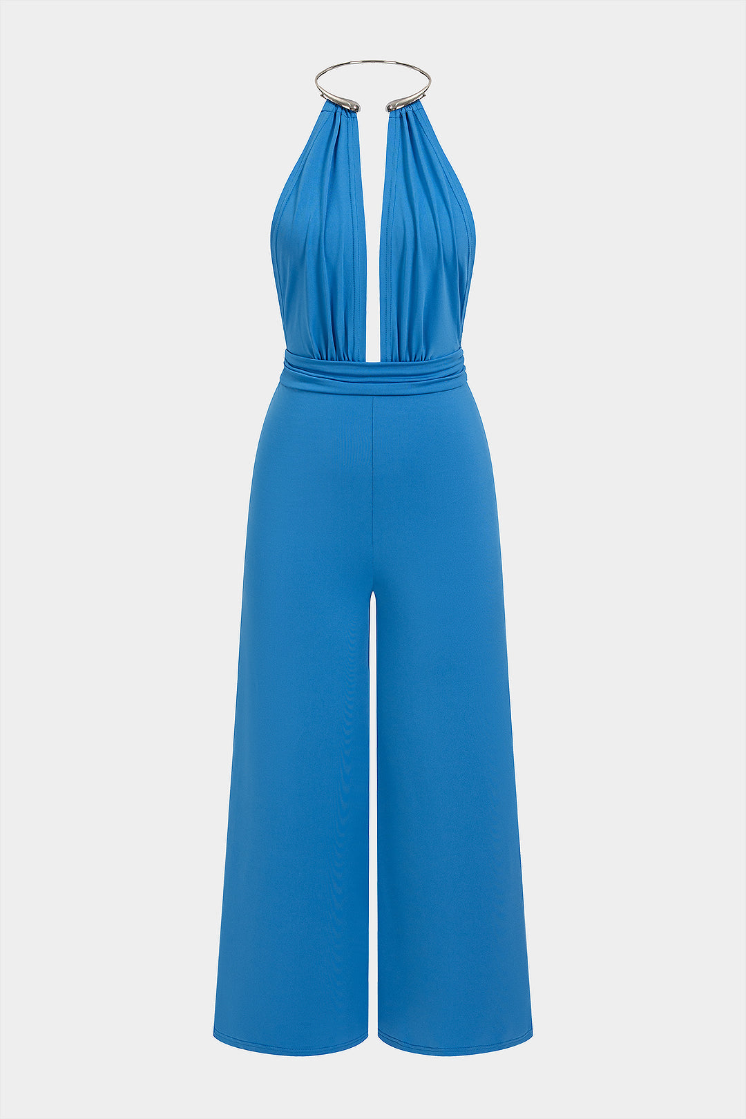 Metallic mouwloze jumpsuit met halternek en open rug
