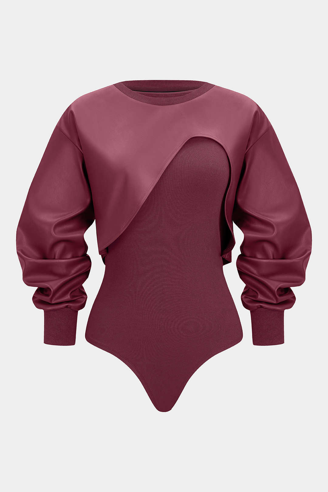Hailey - Leren-look patchwork body met ronde hals en lange mouwen