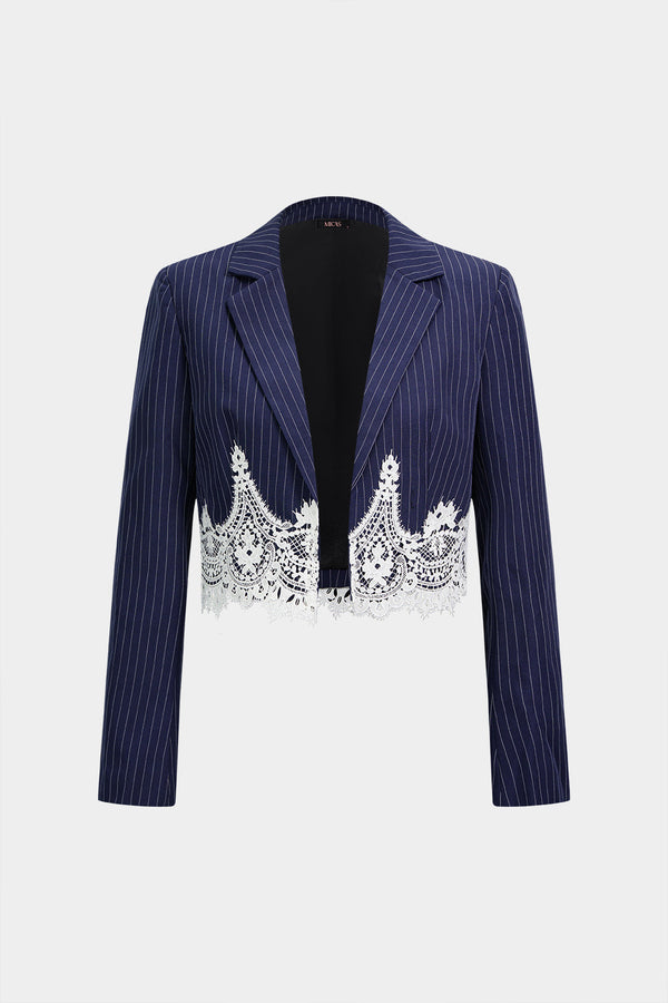 Gestreepte patchwork blazer met kanten rand en reverskraag