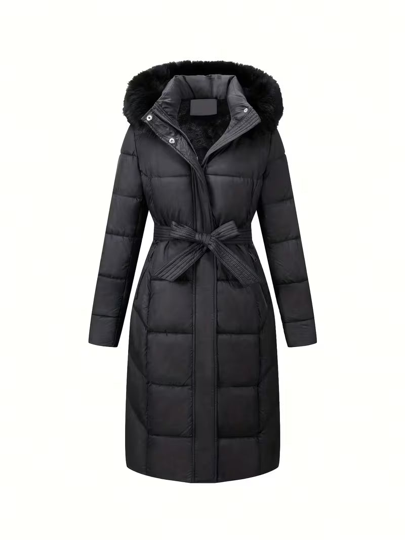 Midi Puffer Jacket with Hood and Belt - Long